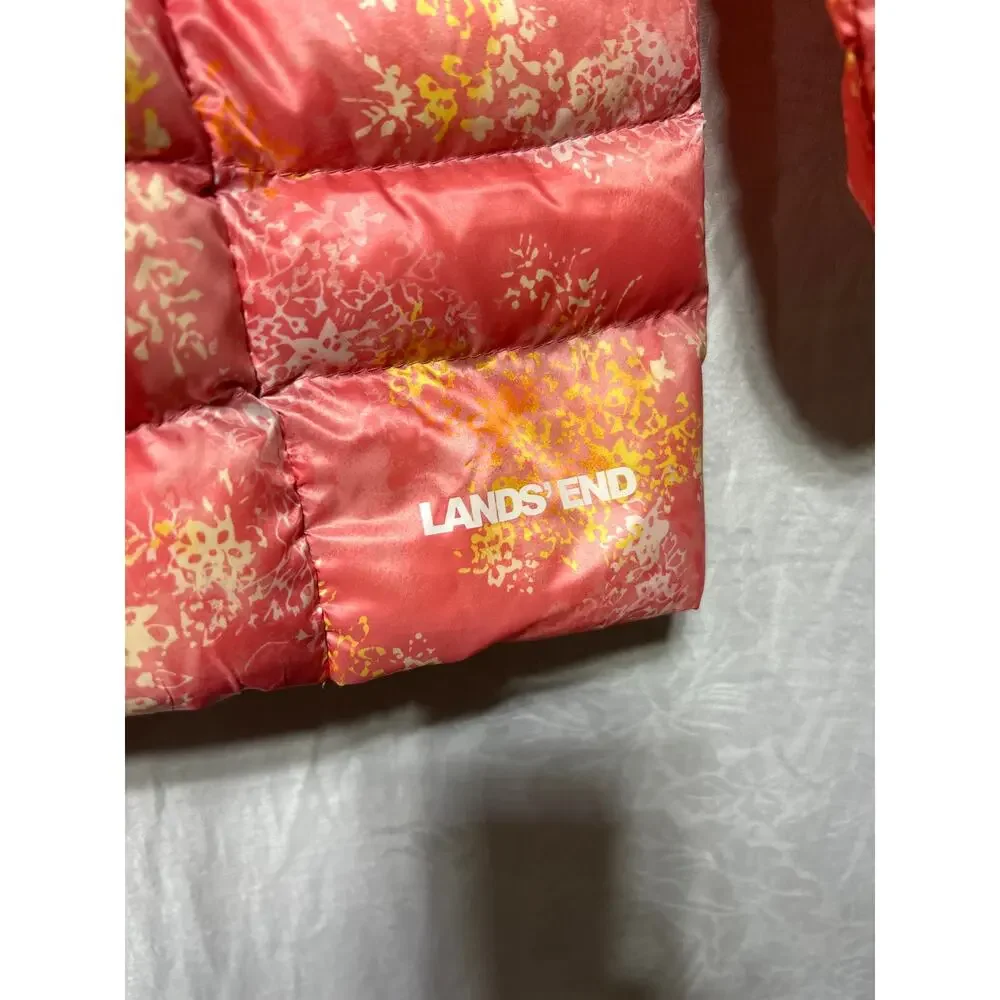 Lands End Puffer Coat Large 14 16 Down Filled Packable NEW Pink Yellow Abstract - Picture 5 of 12